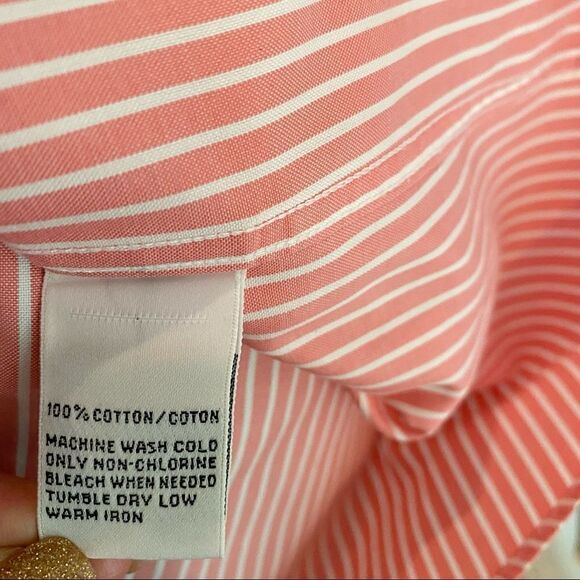 Talbots Petites Wrinkle Resistant Cotton Long Sleeve Blouse Pink + White Stripe - Picture 4 of 6